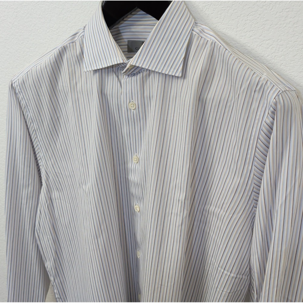 Canali Mens Striped Dress Shirt 17.5 44 Blue Orange 100% Cotton Made in Italy XL